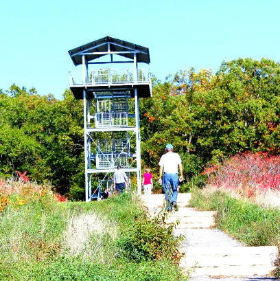 Lookout tower and trail approach at Sager Conservation Area, as pictured in the City’s 2024 trail guide.